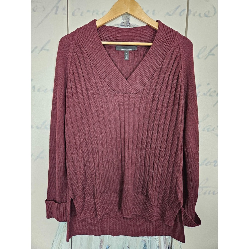 White House Black Market Burgundy Ribbed‎ V-Neck High-Low Sweater M 570331020